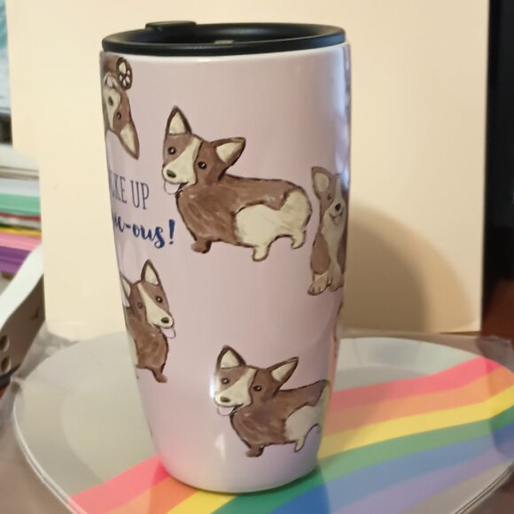 NWT ~ Sheffield Home I Woke Up Corgie-ous Pink Stoneware Coffee Mug 16 Oz w/ Lid - Picture 2 of 7
